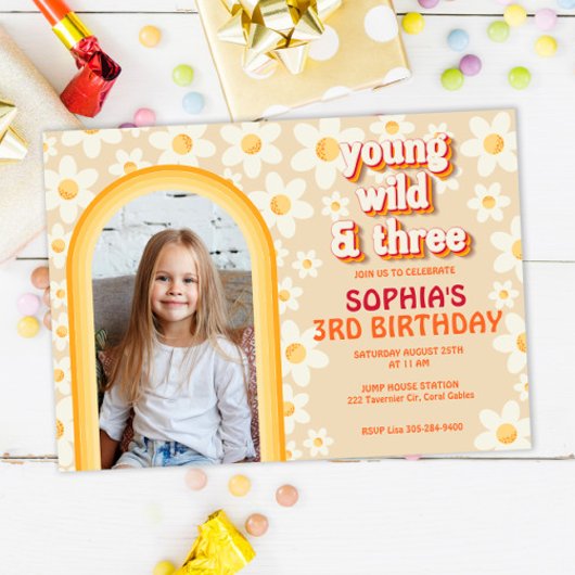 Retro Daisy Rainbow 3ème anniversaire Invitation p