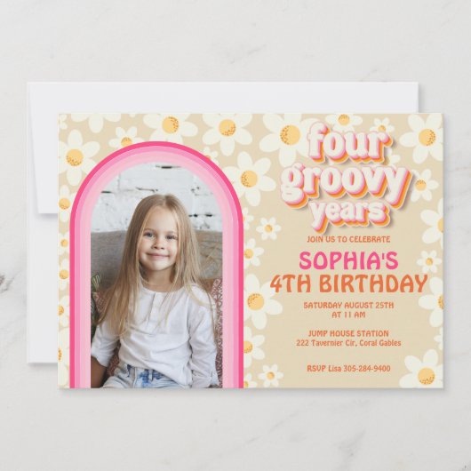 Retro Daisy Rainbow 4e anniversaire Invitation pho (Devant)