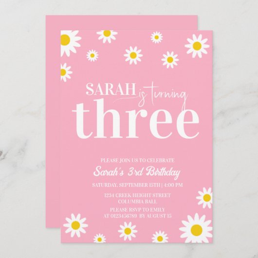 Retro Daisy Roze en Wit Minimale 3e Verjaardag Kaart (Voorkant / Achterkant)