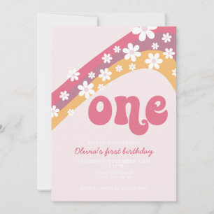 Retro Daisy Roze Regenboog eerste verjaardagsuitno Kaart