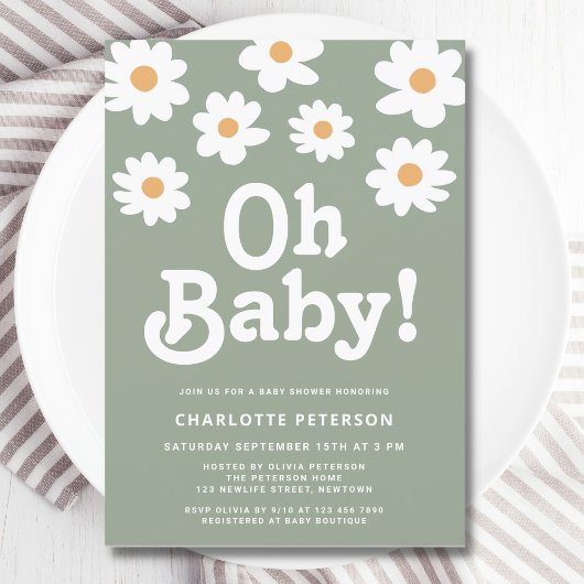 Retro Daisy Sage Groen Baby shower Kaart