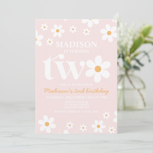 Retro Daisy Twee Bloemen 2e Verjaardag Uitnodiging (Staand voorkant)