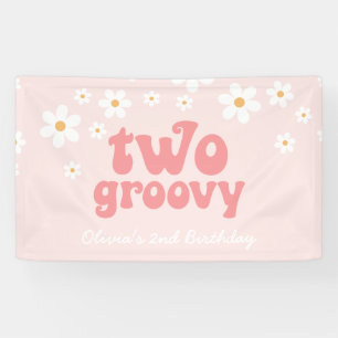 Retro Daisy Two Groovy Roze Bloem 2e Verjaardag Spandoek