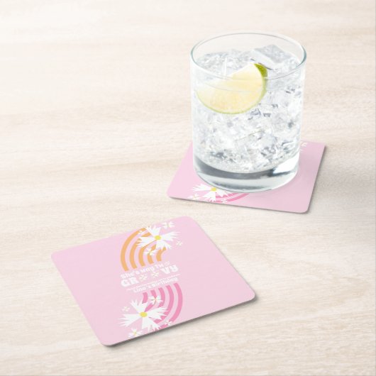 Retro Daisy Way Two Groovy Rainbow Party Vierkante Kartonnen Onderzetter (Insitu)