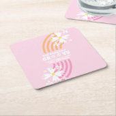 Retro Daisy Way Two Groovy Rainbow Party Vierkante Kartonnen Onderzetter (Schuin)