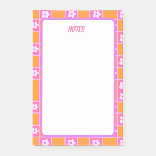Retro dambordpatroon in Sinaasappel en Paarse Post-it® Notes (Voorkant)
