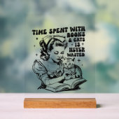 Retro dame boek kattenliefhebber woordkunst acryl bord (Neutraal)