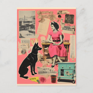 Retro dame in jurk met zwarte hond Collage Briefkaart