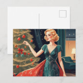 Retro dame in mooie jurk, kerstboom  feestdagenkaart (Voorkant / Achterkant)