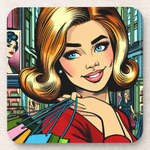 Retro Dame met Boodschappentassen Schetsboek Bier Onderzetter