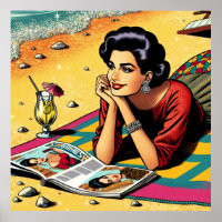 Retro dame op het strand die droomt over mode