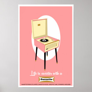 Retro Dansette roze platenspeler Pop Art poster