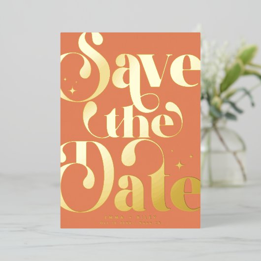 Retro  De datumfoto opslaan | terracotta Folie Uitnodiging (Staand Voorkant)