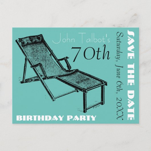 Retro Deckchair 70th verjaardagsfeest Save the Dat Aankondigingskaart (Voorkant)