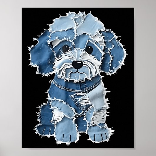 Retro Denim Dog Patch, Grappig Shabby Blue Jean Pu Poster (Voorkant)