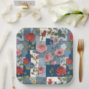 Retro Denim Patches met Rode Rozen Papieren Bordje