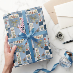 Retro Denim Patchwork met Planten Cadeaupapier