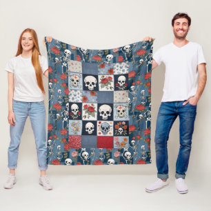 Retro Denim Patchwork met Rozen Schedels Skeletten Fleece Deken