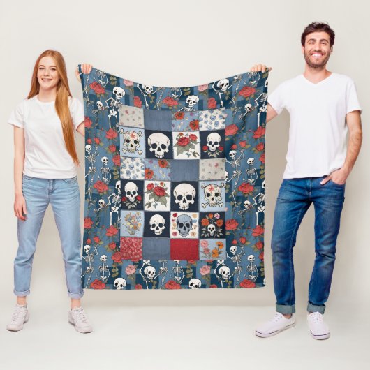 Retro Denim Patchwork met Rozen Schedels Skeletten Fleece Deken (In situ)