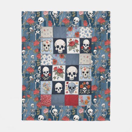Retro Denim Patchwork met Rozen Schedels Skeletten Fleece Deken (Voorkant)