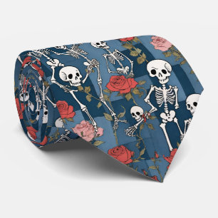 Retro Denim Patchwork met skeletten en Rozen Stropdas