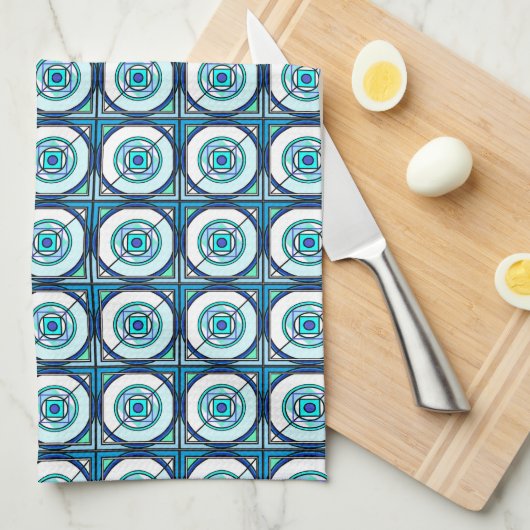 Retro Design Kitchen Towel in Blauwgroen & Aqua Theedoek (Quarter Fold)