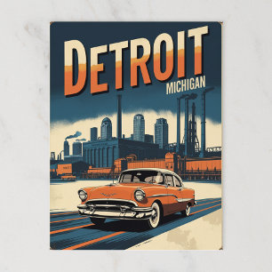 Retro Detroit Industriële Stad met Klassieke Auto Briefkaart