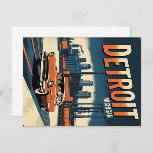 Retro Detroit Industriële Stad met Klassieke Auto Briefkaart (Voorkant / Achterkant)