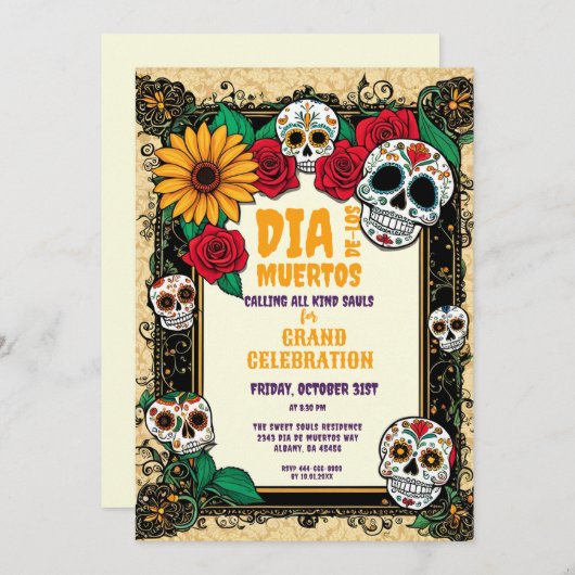 Retro Dia de los Muertos Suiker Schedels Feest Kaart (Voorkant / Achterkant)