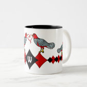 Retro Diamanten, Vogels en Hartwormen_Monogrammed Tweekleurige Koffiemok (Voorkant rechts)