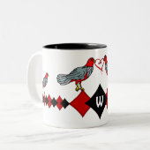 Retro Diamanten, Vogels en Hartwormen_Monogrammed Tweekleurige Koffiemok (Voorkant links)
