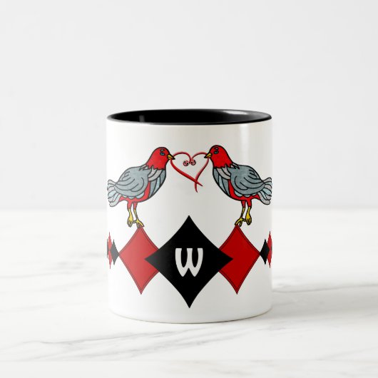 Retro Diamanten, Vogels en Hartwormen_Monogrammed Tweekleurige Koffiemok (Center)