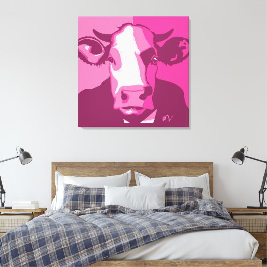 Retro Dierenmuur Pop Art Roze Koe Portret Canvas Afdruk (Insitu (Slaapkamer))