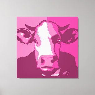 Retro Dierenmuur Pop Art Roze Koe Portret Canvas Afdruk