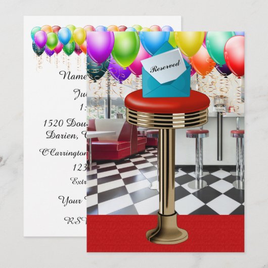 Retro diner barkruk uitnodiging (Voorkant / Achterkant)