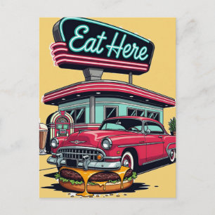 Retro Diner Eet Hier Klassieke Auto Burger T-Shirt Briefkaart