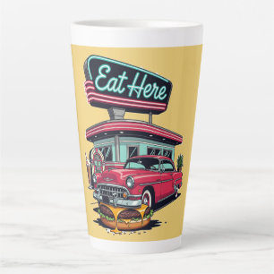 Retro Diner Eet Hier Klassieke Auto Burger T-Shirt Latte Mok