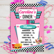 Retro diner menu kaart roze en turquoise uit de ja