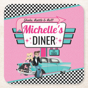 Retro Diner Pink & Blauwgroen Birthday Party uit 1 Vierkante Kartonnen Onderzetter