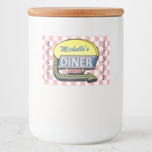 Retro Diner Teken 50s Roze Geruit Gepersonaliseerd Voedselcontainer Etiket