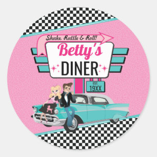 Retro diner uit de jaren 50 Roze & Teal Sock Hop Ronde Sticker