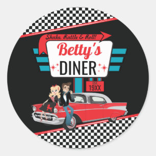 Retro diner uit de jaren 50 zwart & rood Sock Hop Ronde Sticker