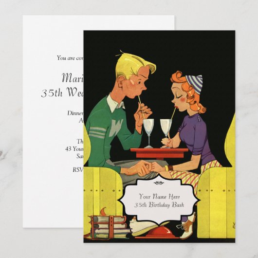 Retro Diner - Vintage Wedding Invitation Kaart (Voorkant / Achterkant)