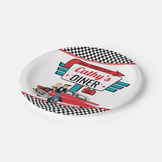 Retro Diner White, Blauwgroen, Red Birthday Party Papieren Bordje (Gekanteld)