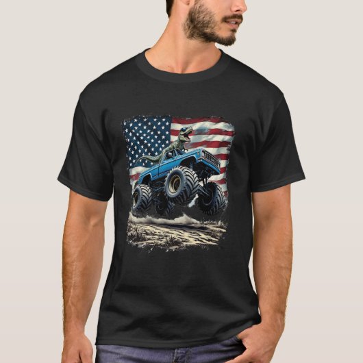 Retro Dinosaur Monster Truck 4 juli Kinder verjaar T-shirt (Voorkant)