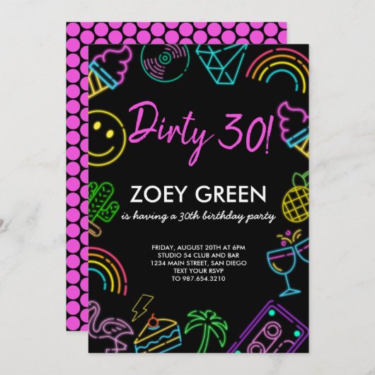 Retro Dirty 30 Zwart Aangepaste Uitnodiging Verjaa (Voorkant / Achterkant)
