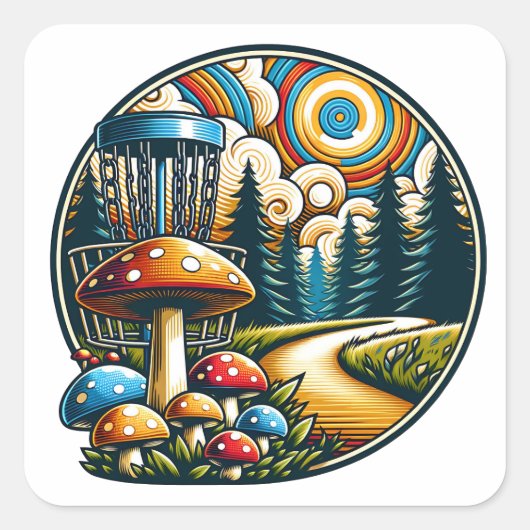 Retro Disc Golf Psychedelic AI Art Vierkante Sticker (Voorkant)