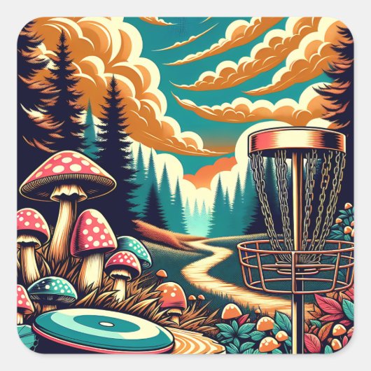 Retro Disc Golf Psychedelische Kunst Vierkante Sticker (Voorkant)