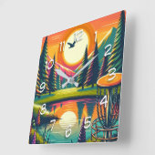 Retro Disc Golf Zonsondergang en Bomen Vierkante Klok (Hoek)