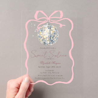 Retro Disco Bal Roze Strik Roze Lint Sweet 16 Acryl Uitnodigingen